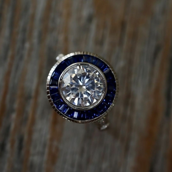 Handmade Art Deco Inspired Diamond and Sapphire Engagement Ring. - Picture 7 of 11